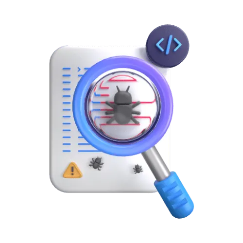 3D illustration of a magnifying glass inspecting code for bugs and security vulnerabilities.